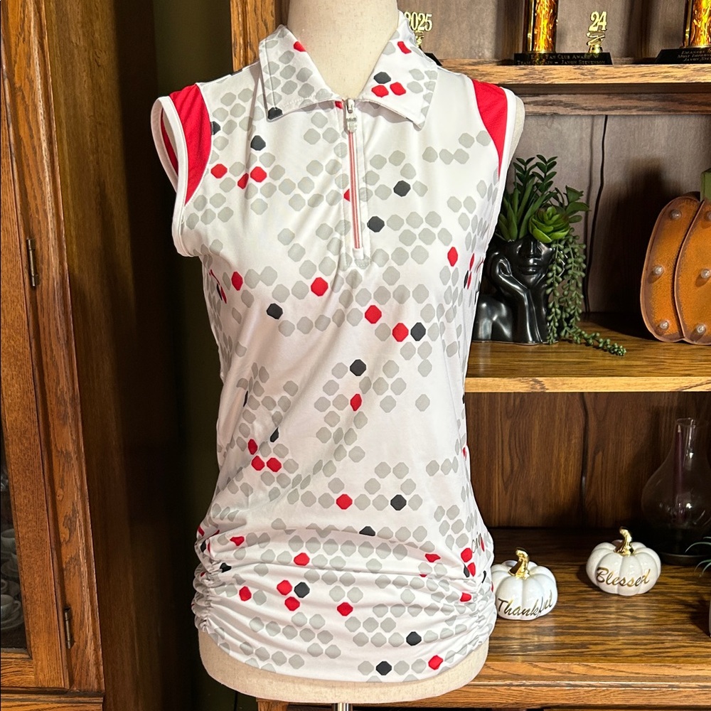 Chic Polka Dot Zip-Up Tank Top - White, Gray, Red